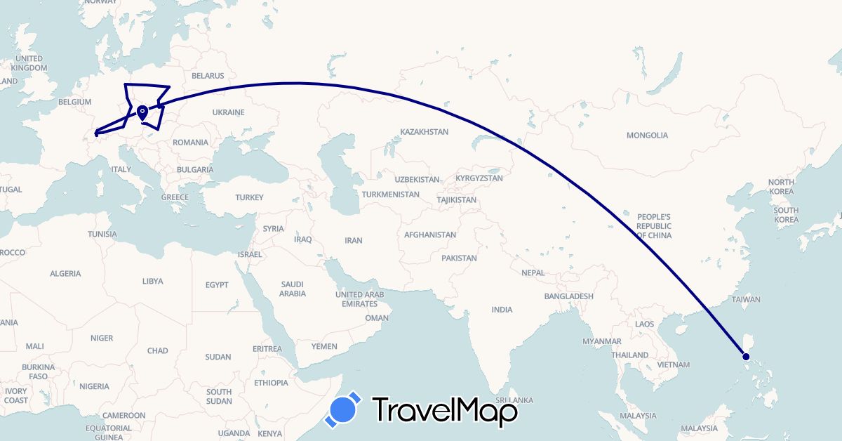 TravelMap itinerary: driving in Austria, Switzerland, Czech Republic, Germany, Hungary, Liechtenstein, Philippines, Poland, Slovakia (Asia, Europe)